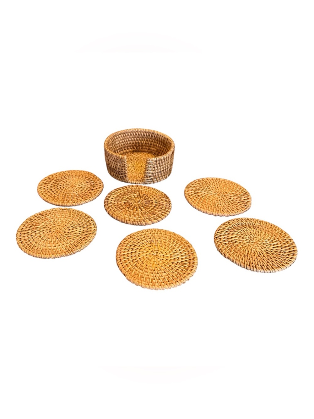 Round Rattan Coaster Set of Six with Matching Caddy Honey Brown Used - Picture 2 of 4